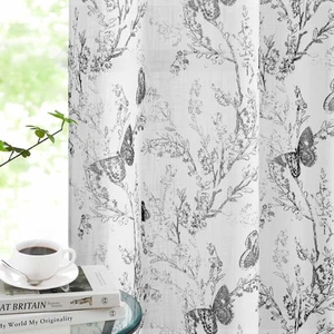 Butterfly Leaf Semi Sheer Curtains 84" L Curtain Panels for Kids Bedroom,Blac... - Picture 1 of 7