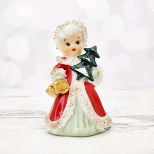 Vintage Lefton Weihnachten Mädchen Engel Glocke Spaghetti Spitzenborte mit Baum & Glocken - Bild 1 von 6
