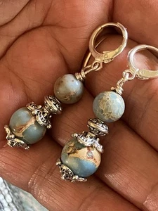 Light Blue Sea Sediment / Jasper Stone Dangle Earrings on Leverback Hoop - Picture 1 of 3