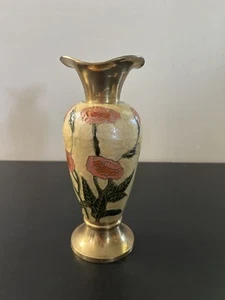Vintage Cloisonne Enamel Painted Brass Vase with Pink Flowers Made in India 8" - Picture 1 of 19