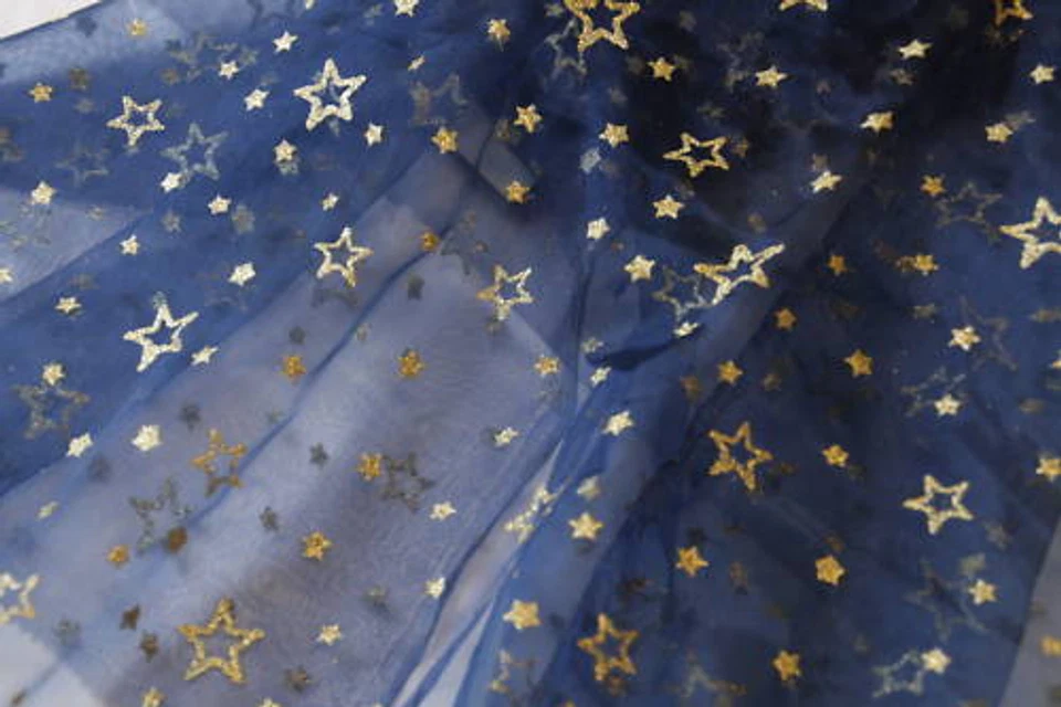 ORGANZA in DUNKEL BLAU Glitzer Sterne gold Weihnachten  - Bild 1 von 1