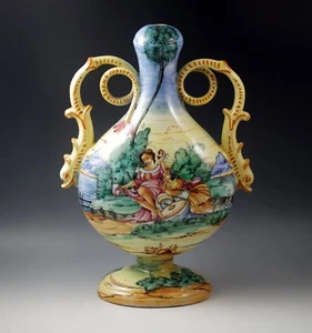 ANTIQUE ITALIAN POTTERY MAJOLICA ISTORIATO LAMP BASE DOLPHIN KOI HANDLES 13" - Picture 1 of 11