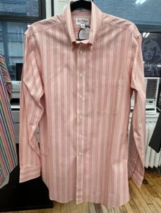 Button Down Shirt by Paul Fredrick Size 15 ½ - 34 Trim Fit Orange & White Vert - Picture 1 of 3