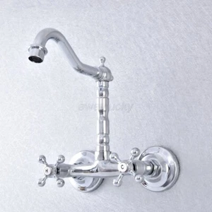 Polished Chrome Wall Mount Bathroom Sink Faucet Swivel Spout Double Handle - Picture 1 of 8