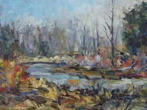 Art Original Oil Painting RM Mortensen "Misty Morning" Forest Trees Creek - Picture 1 of 1