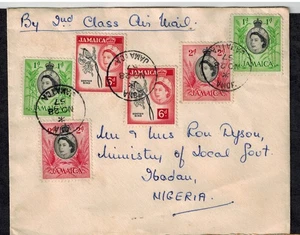Jamaika 1957 2. Klasse Luftpostbrief nach Nigeria mit 6 Jamaika QE II Briefmarken - Bild 1 von 1