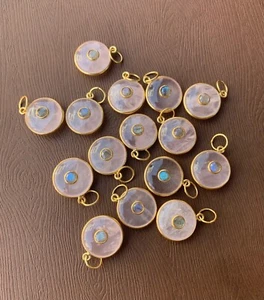 Rose Quartz Fire Labradorite Yellow Gold Plated Bezel Handmade Statement Pendant - Picture 1 of 11