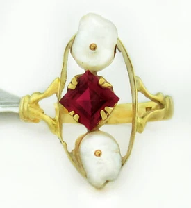 GENUINE WHITE PEARLS & RUBY RING 10k YELLOW GOLD - New with Tag - Picture 1 of 4
