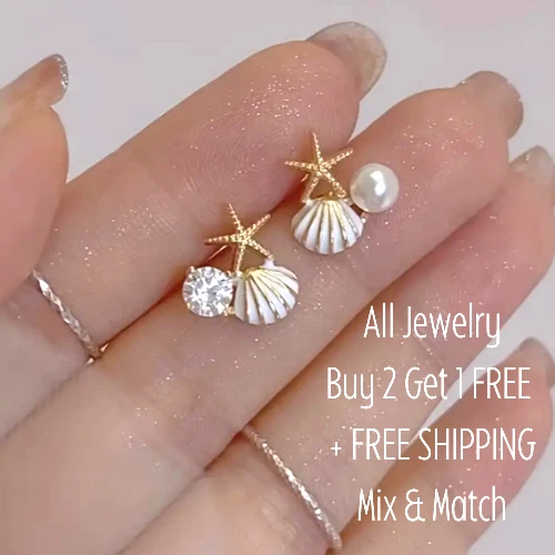 Dainty Seashell Earrings Starfish Rhinestone Pearl Pierced Beach Jewelry PRETTY — 第 1/1 张图片