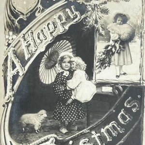 Antique Beautiful Christmas Postcard Adorable Girl Toy Sheep Big Doll Sweet - Picture 1 of 12