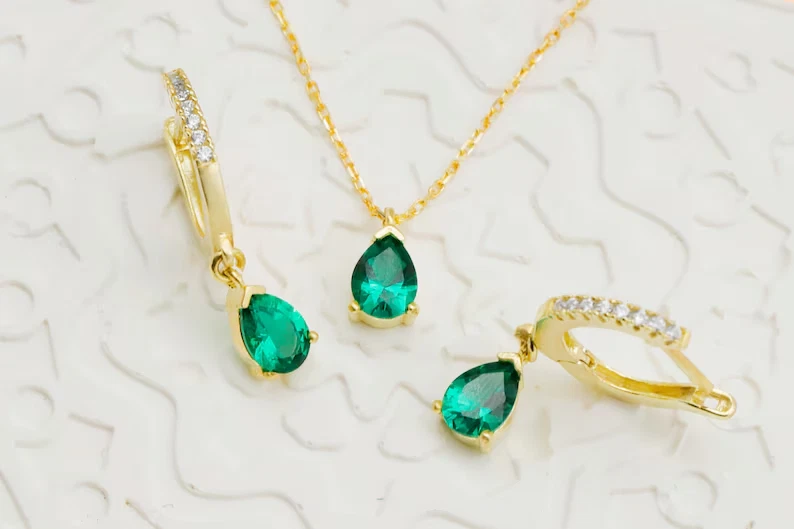 Conjuntos de collar pendientes elegantes joyas regalo para esposa pera laboratorio esmeralda creada Foto 1 de 4