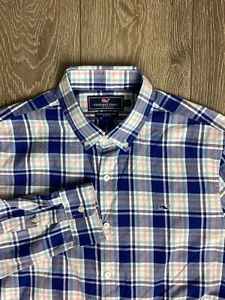 Vineyard Vines Shirt Slim Fit Whale Shirt Cotton Button Down Blue Pink Plaid L - Picture 1 of 5