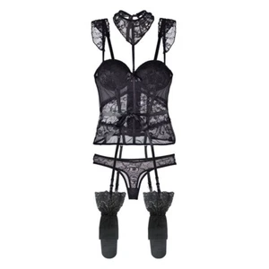 Bra Panty with Suspenders Belt Stocking Basque Corset Lingerie - Picture 1 of 12