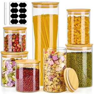 7 Pack Thicker Glass Food Storage Jars with Airtight Bamboo Lids, Clear Glass... - Picture 1 of 7