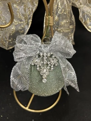 Handmade Embellished Sparkle Sage Green  Covered Ornament w/Silver Bow 3.5"H - Image 1 of 4