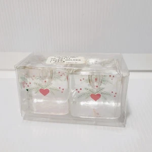 Vintage Glass Hearts & Pine Clear Cube  Mini Taper Candle Holders Set of 2 - Picture 1 of 8