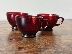 Anchor Hocking Royal Ruby Glass Cups Mid Century Vintage Red Glass Set Of 3 - Picture 1 of 8