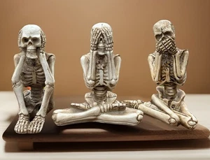 NEW Hear Speak See No Evil Resin Skeleton Figurines 4" Decor 3 Pc Set Halloween - Picture 1 of 10