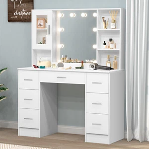 Makeup Vanity Desk Dressing Table with Large Mirror and LED Light 7 Drawers - Picture 1 of 8