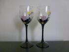 Set Of 2 Luminarc France Black Stem Wine Glasses With Flower Design. France