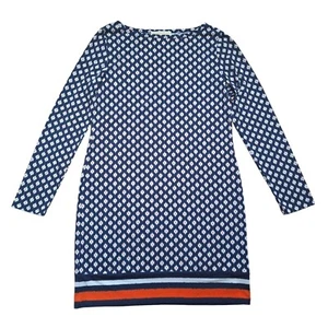 MICHAEL KORS Dress Size M Blue White Tile Print Orange Stripe Mini Shift Stretch - Picture 1 of 20