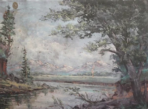 Antigua pintura gouache impresionista bosque río paisaje - Imagen 1 de 12