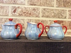 Tea set Red blue Czech Lusterware iridescent canister sugar bowl creamer - Picture 1 of 12