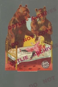 c1910 ADVERTISING GOLDILOCKS & THREE BEARS Lion Coffee STAND UP CARD Mechanical - Picture 1 of 2