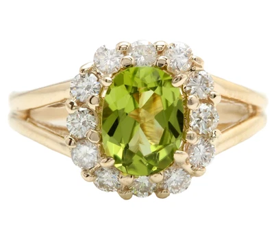 14K Solid Yellow Gold Natural Green Peridot and Lab Grown Daimond Wedding Ring - Image 1 of 4