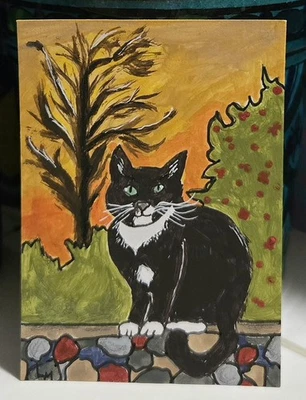 Pintura Artística Original ACEO Esmoquin Blanco Negro Gato Piedra Pared Otoño Otoño ÚNICO EN SU CLASE  Foto 1 de 4