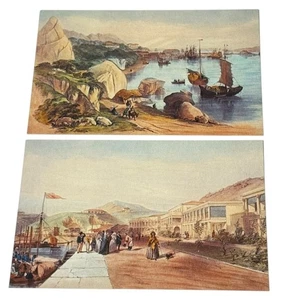 2 Vintage Postkarten 1800er Gemälde von Hong Kong Causeway Bay Spring Gardens Ochsenboot - Bild 1 von 4