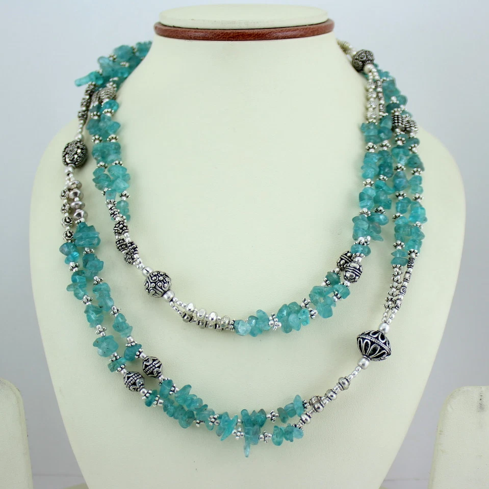 Necklace Natural Apatite Gemstone Chips Beaded Handmade Fashion long Jewelry - Image 1 of 1