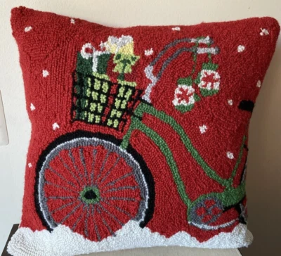 Bicycle Basket Presents Mittens Snow Hooked Wool Christmas Pillow 18x18 Velvet - Image 1 of 4