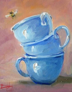 Blue Cups by Delilah impressionist 10x8 oil painting original bee still life - Picture 1 of 5