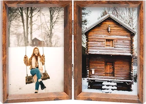 5X7 Double Picture Frame Rustic Brown Wooden Hinged Beveled Photo Frame Definiti - Picture 1 of 7