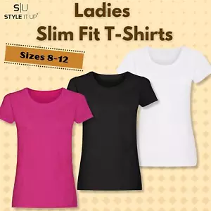 Ladies Plain Short Cap Sleeve T-Shirt Womens Slim Fit Crew Neck Tee Sizes 8-12 - Picture 1 of 10