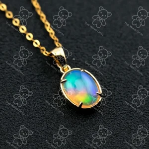 Minimal Oval Shaped Ethiopian Opal Pendant 18k Yellow Gold African Opal - Picture 1 of 4