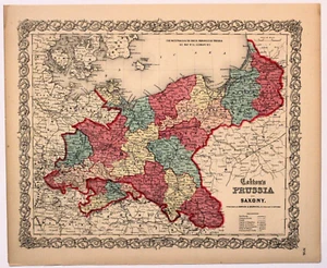 "PRUSSIA & SAXONY" COLTON'S Antique hand colored original map 1857 - Picture 1 of 1