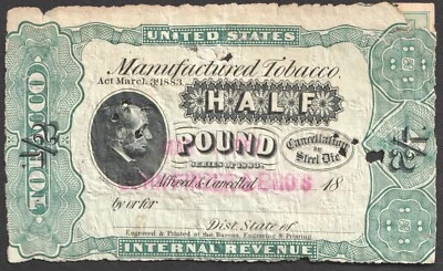 TOBACCO TAXPAID Stamp TF177B 1/2 Pound 1883  light green wmkd. paper - Image 1 of 2