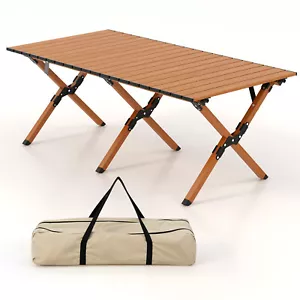 Folding Aluminum Camping Table Roll-Up Picnic Table w/ Carry Bag & Wood Grain - Foto 1 di 9
