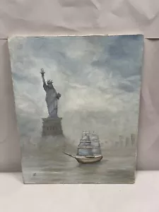 Vintage Original Oil On Canvas Sailing Ship By Statue Of Liberty Signed HAL 86 - Picture 1 of 15