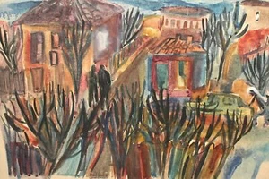 Antique expressionist watercolor painting cityscape - Picture 1 of 12