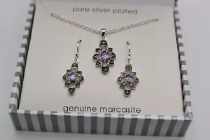 Le Vieux set, silver plated, swarovski marcasite & purple crystal, in box, FE25 - Picture 1 of 5
