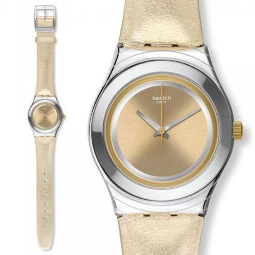 Reloj analógico Swatch YLS190 para mujer correa de cuero dorado ironía esfera dorada Foto 1 de 1