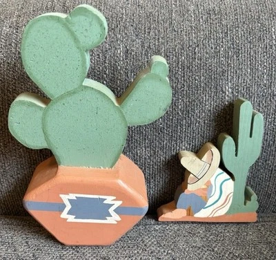 Hand Painted Wood Southwestern Cactus Cowboy Shelf Decor Southwest Terracotta - Image 1 of 4