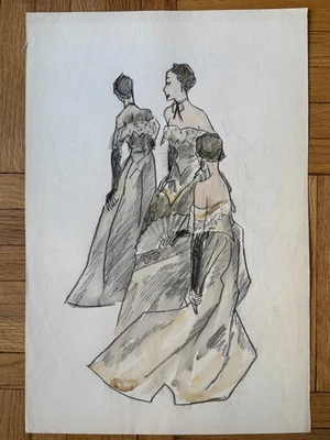 Original Rare Vintage Fashion Illustration Vogue Early 1950's Ink Paper OOAK - Image 1 of 4