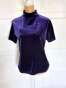Opus Size L Ladies Dark Purple High Neck Short Sleeve Velvet Velour Top - Picture 1 of 5
