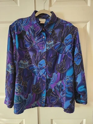 Blusa túnica Bon Worth talla PL púrpura azul negro dorado botón delantero manga larga Foto 1 de 4