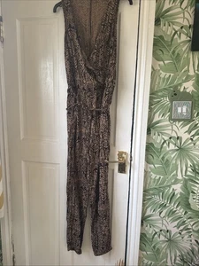 Black & Beige Tribal Print Jumpsuit Cuffed Legs Sleeveless Mock Wrap Front SZ 12 - Picture 1 of 8