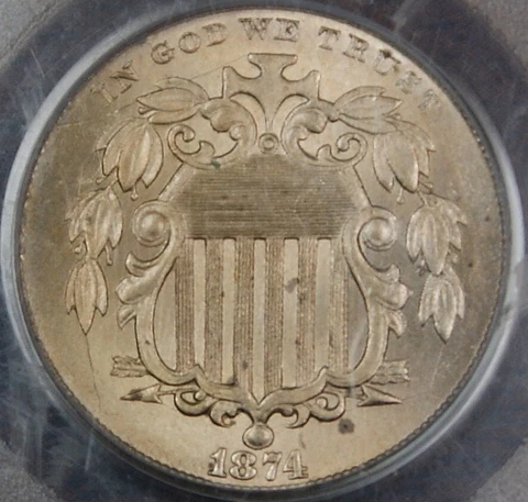 1874 Shield Nickel Coin, PCGS MS-64, Better Coin Cover